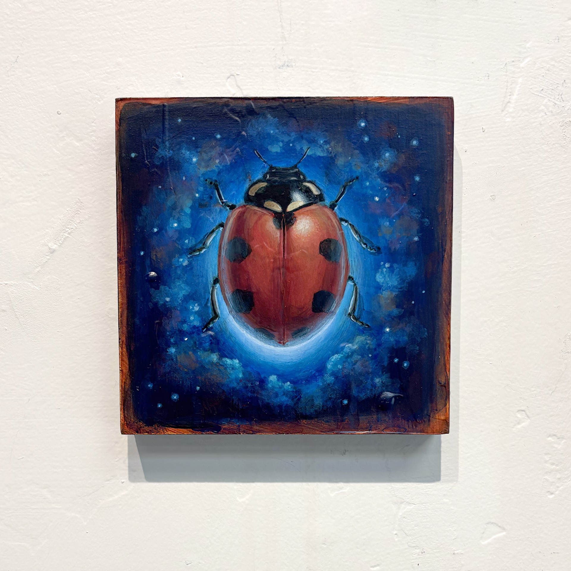 A cosmic ladybug hovering in a starry night sky.