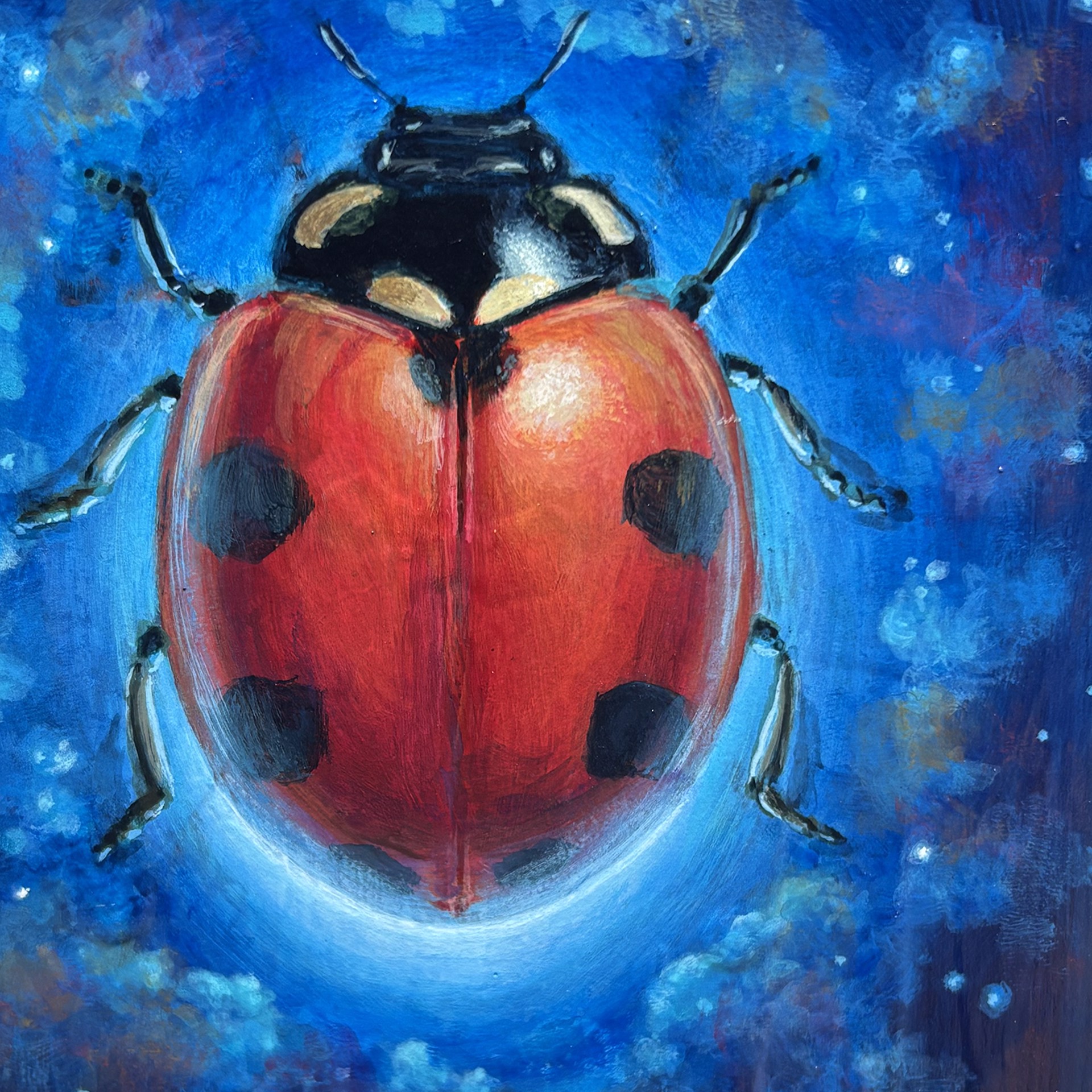 A cosmic ladybug hovering in a starry night sky.