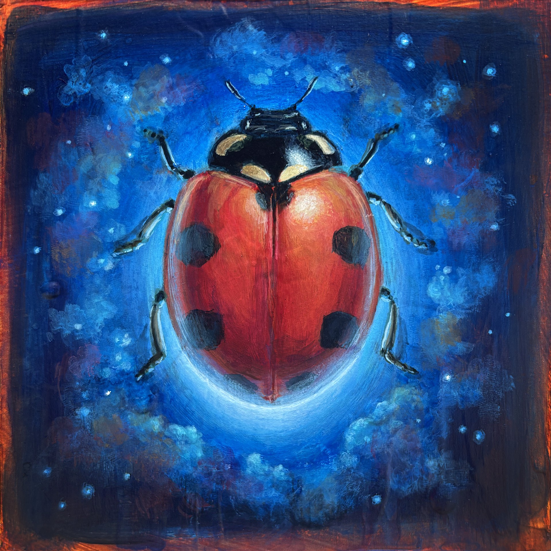 A cosmic ladybug hovering in a starry night sky.
