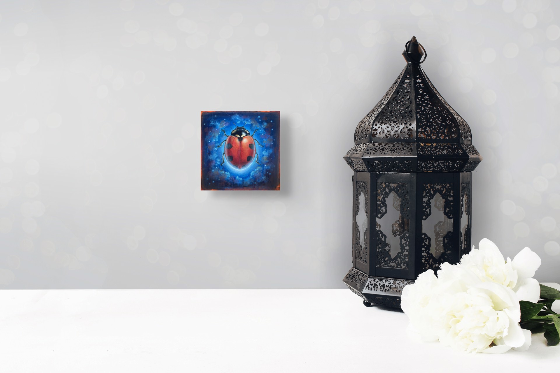 A cosmic ladybug hovering in a starry night sky.