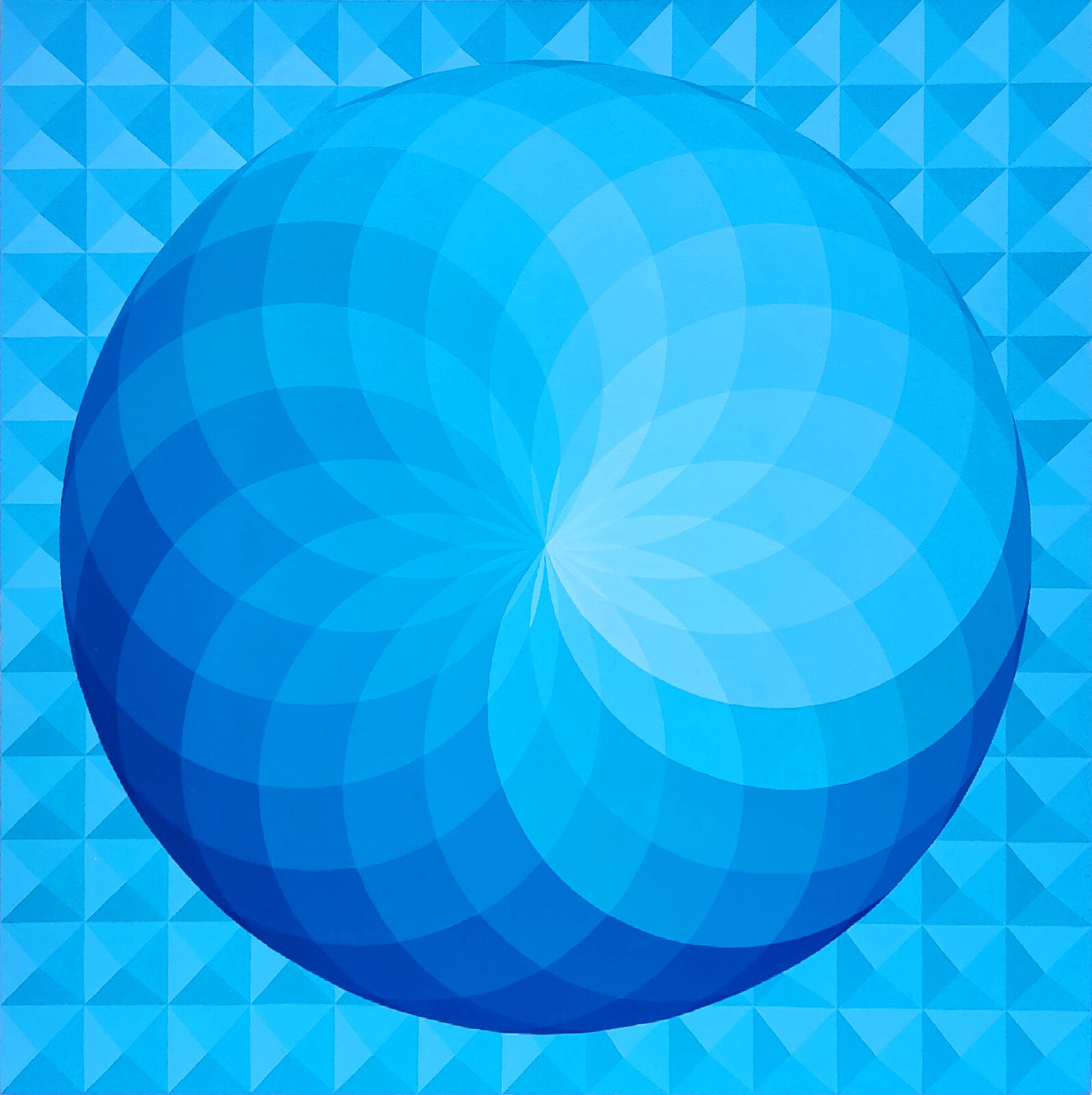 A blue sphere on a blue background with triangles.