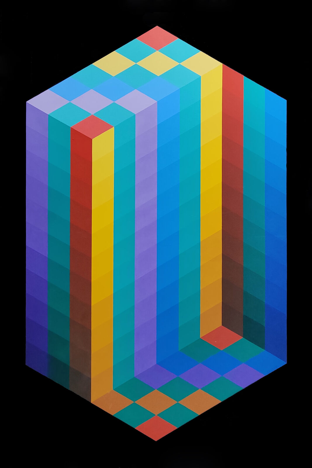 A colorful cube with a black background. 