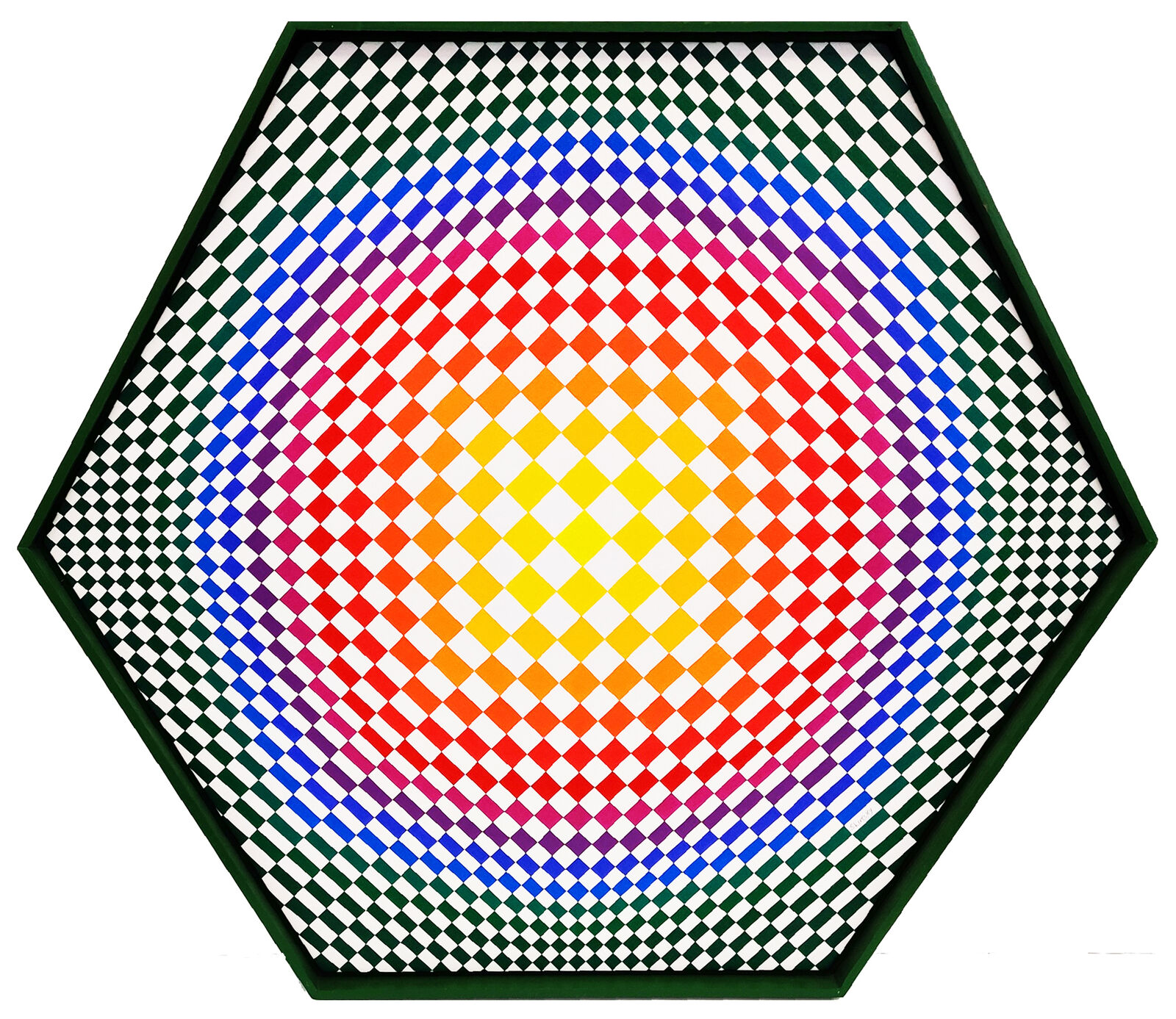 A rainbow colored hexagonal pattern on a white background.