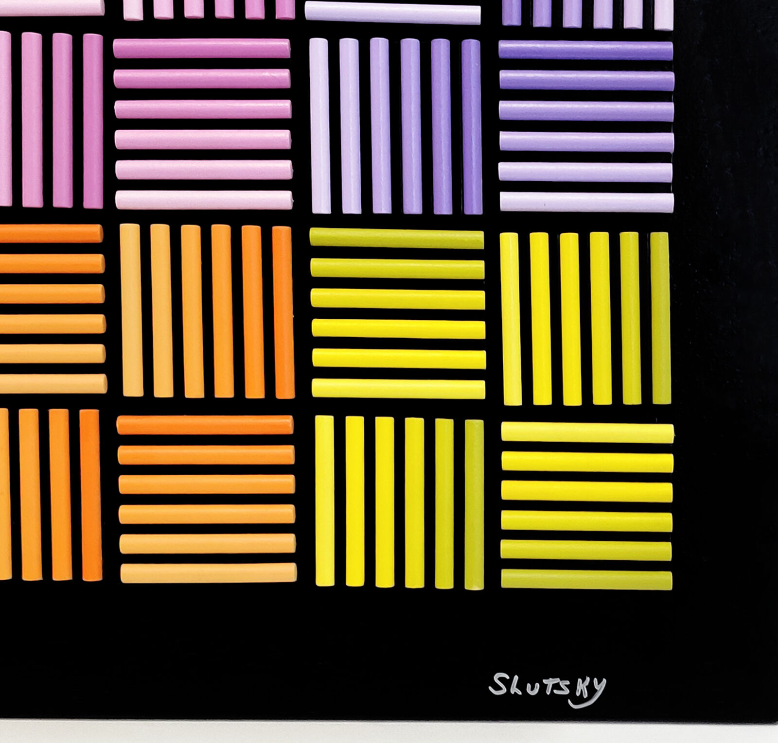 A painting of a colorful pattern of colored pencils on a black background.