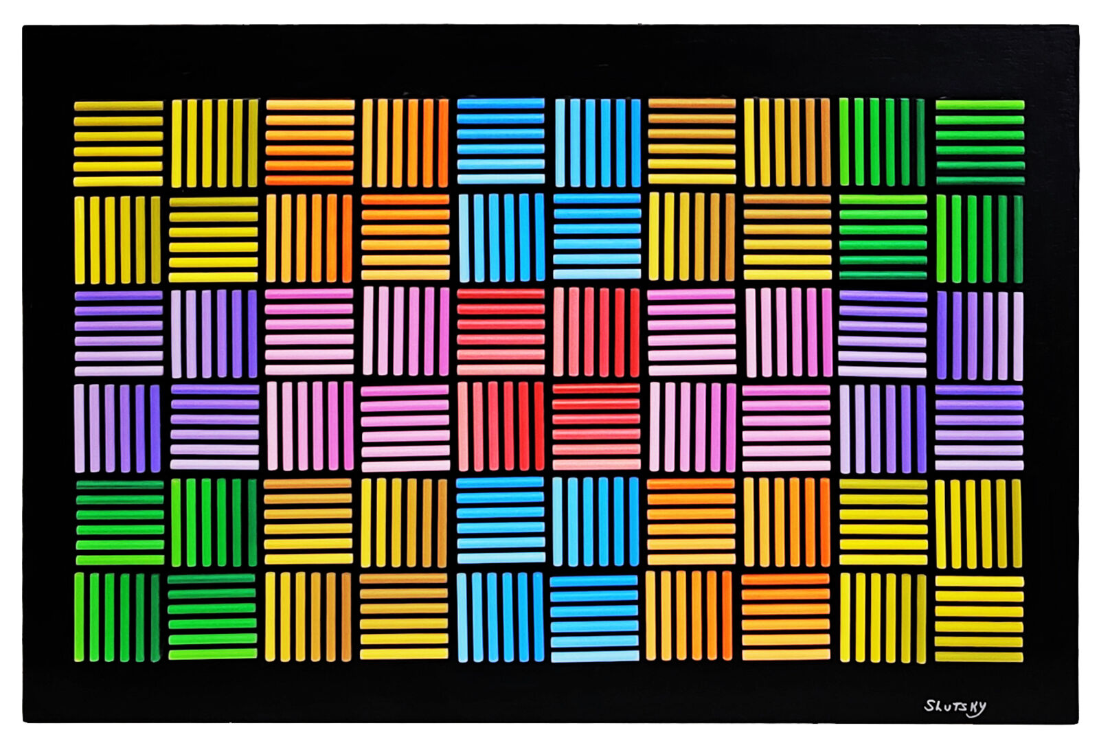 A painting of a colorful pattern of colored pencils on a black background.
