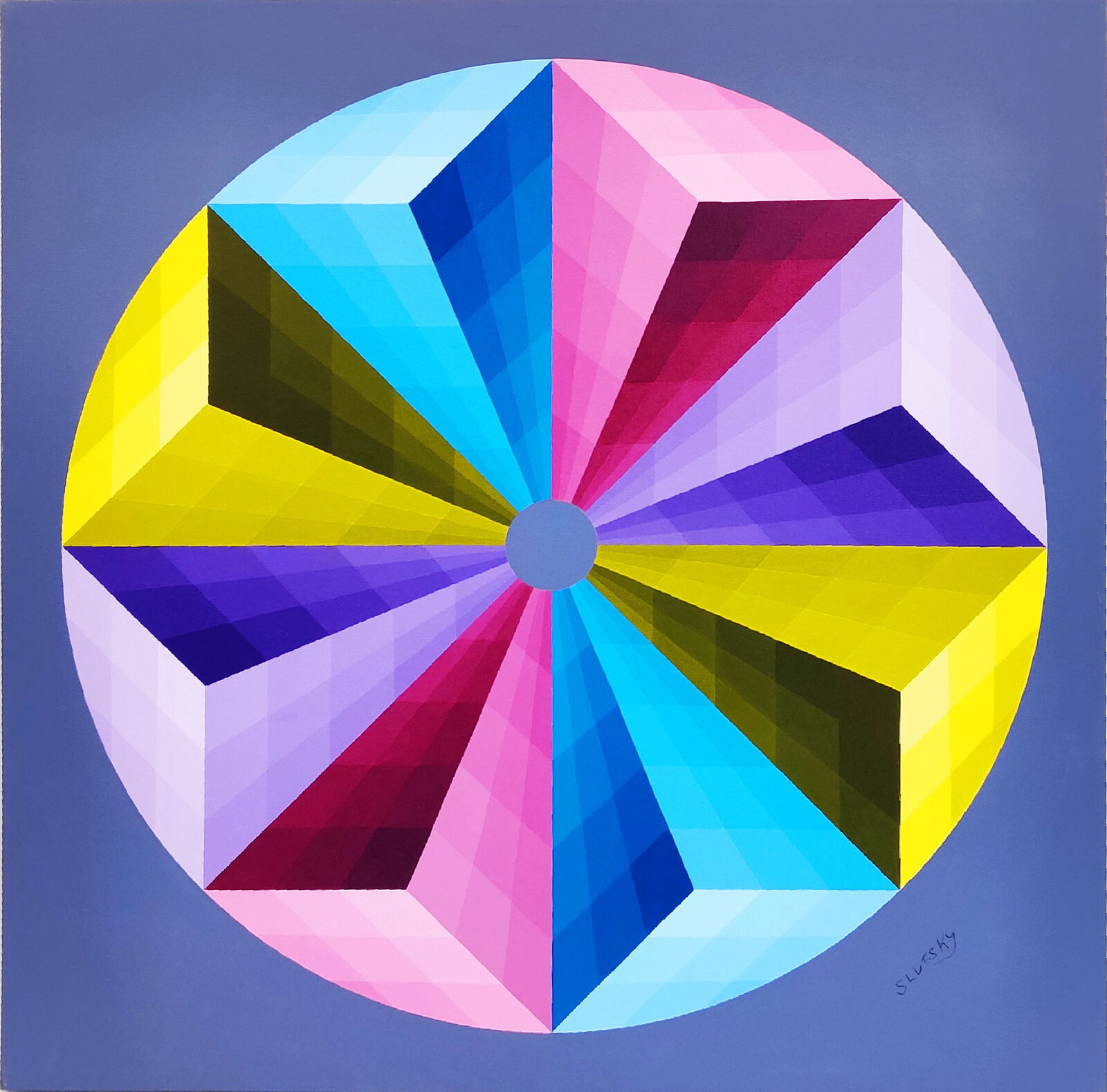 A painting of a colorful circle on a blue background.