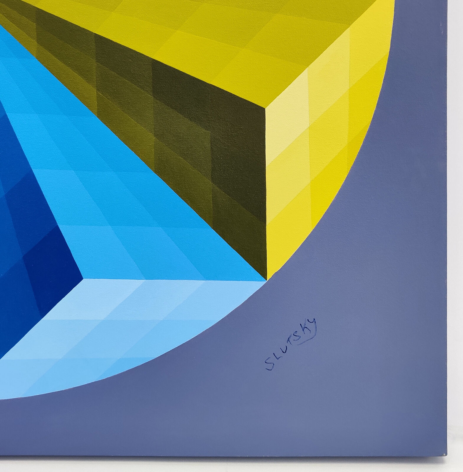 A painting of a colorful circle on a blue background.