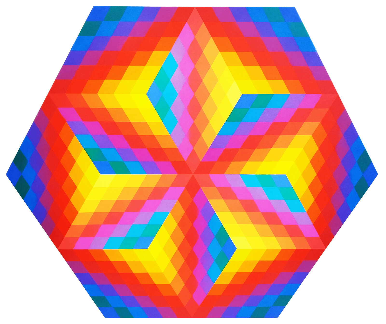 A colorful hexagonal pattern with a white background.