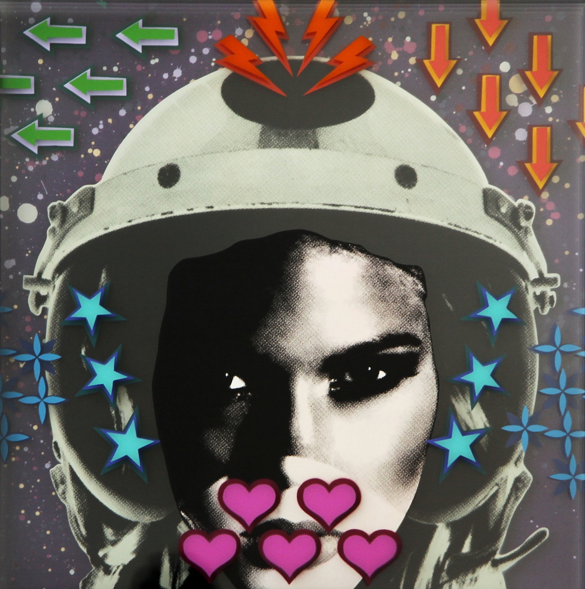 A picture of a man in a space suit with hearts on his face.