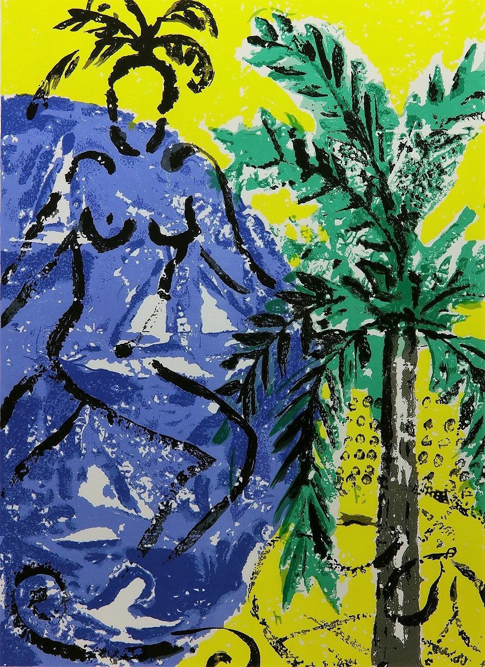 A painting of a woman with a palm tree in the background.