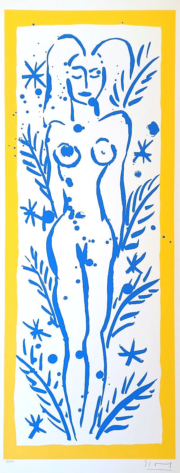 a blue and yellow print of a woman in a tree
