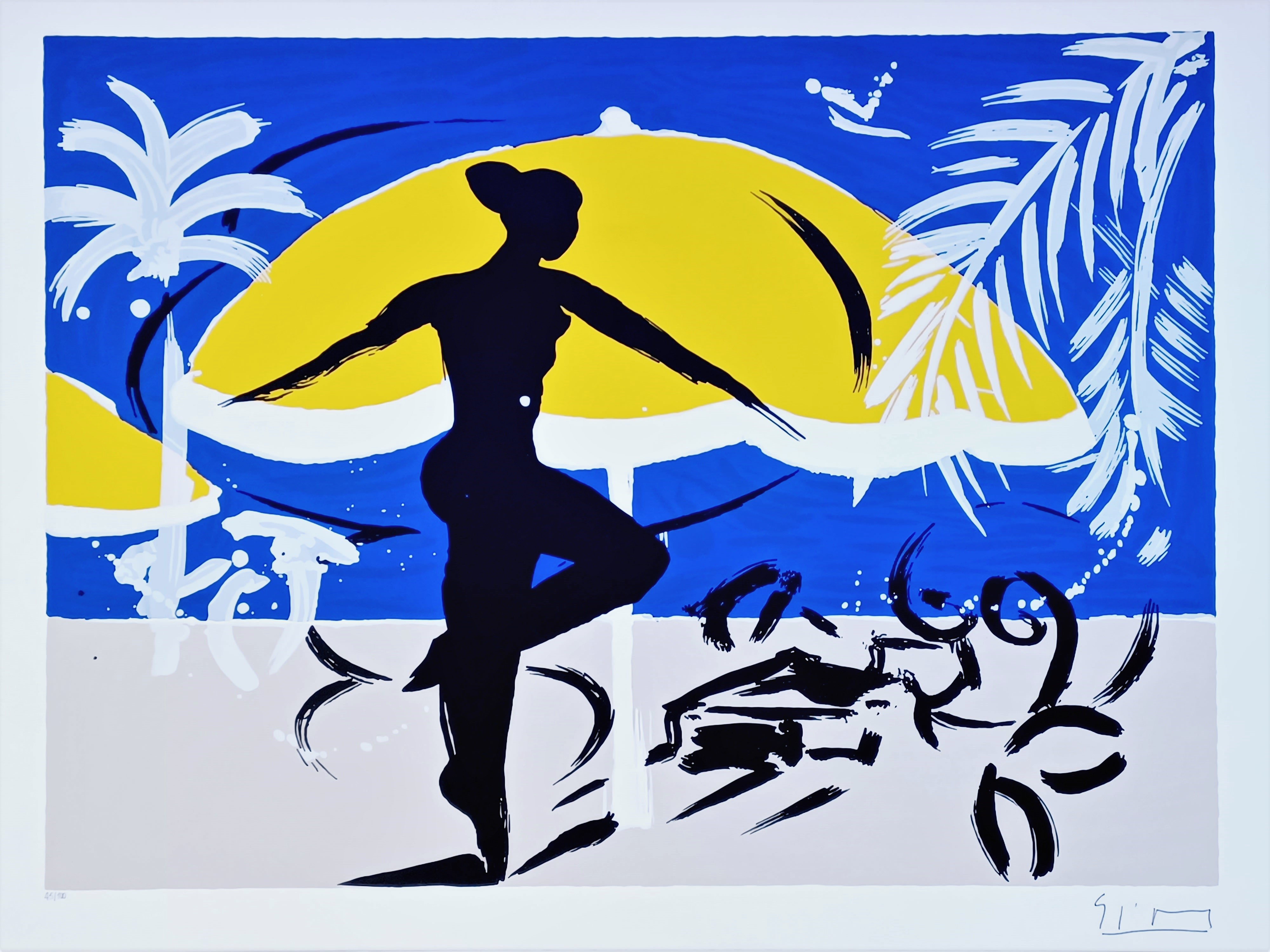 A painting of a woman standing on a beach with an umbrella.