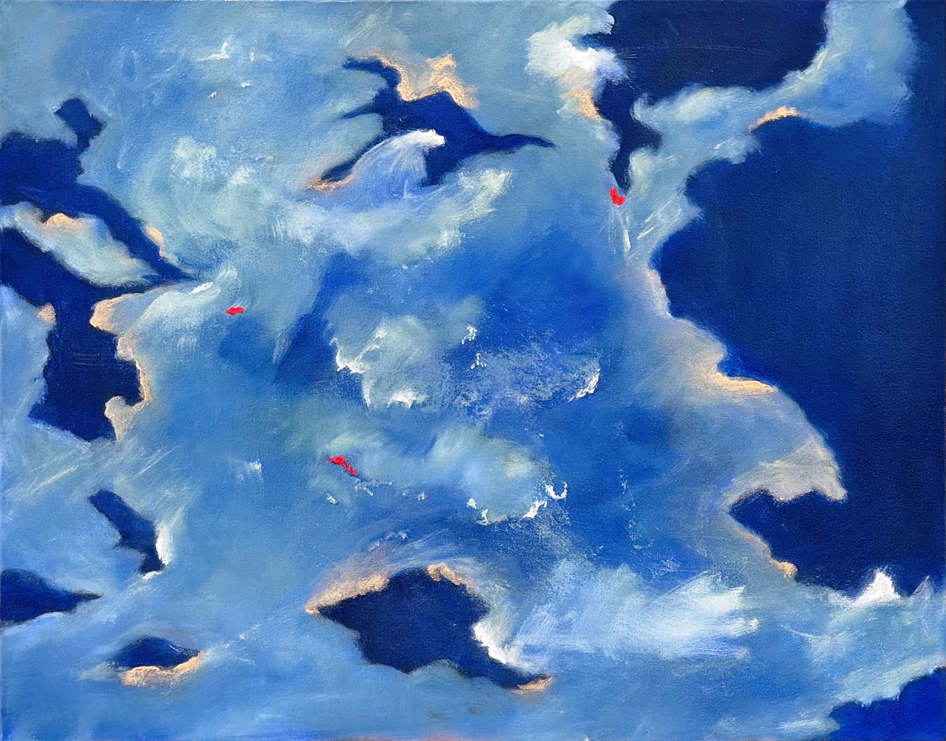 A dynamic oil painting of a sky filled with billowing clouds and dark shadows, punctuated by small red shapes.