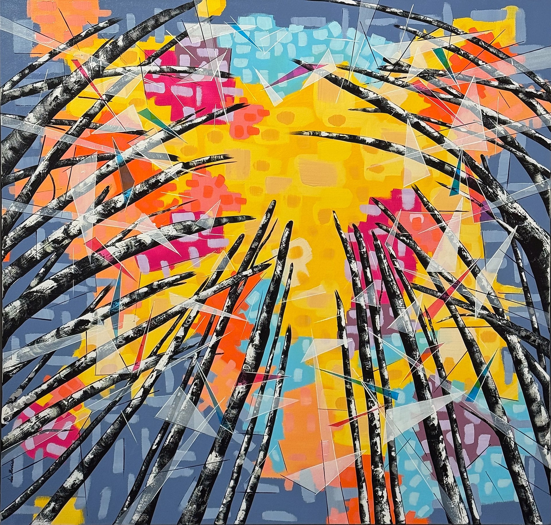 A vibrant abstract composition featuring a radiant yellow center framed by dark, spiky branches against a blue background.
