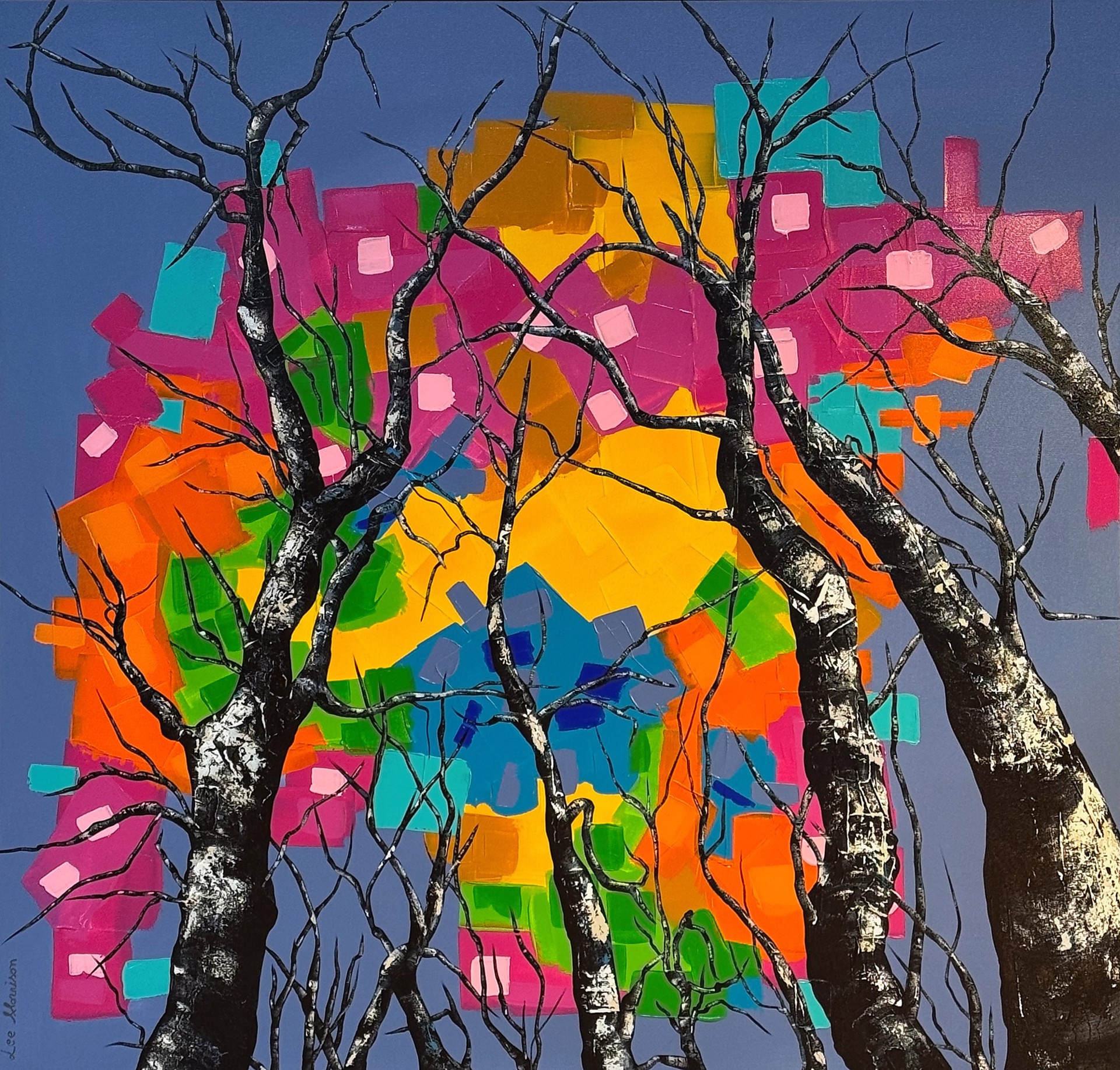 A vibrant print featuring stark black tree trunks against a colorful, blocky background.