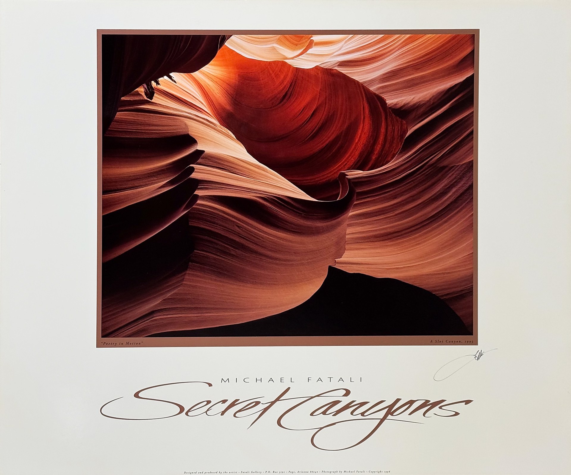 A striking poster of a canyon interior with smooth, flowing rock formations.