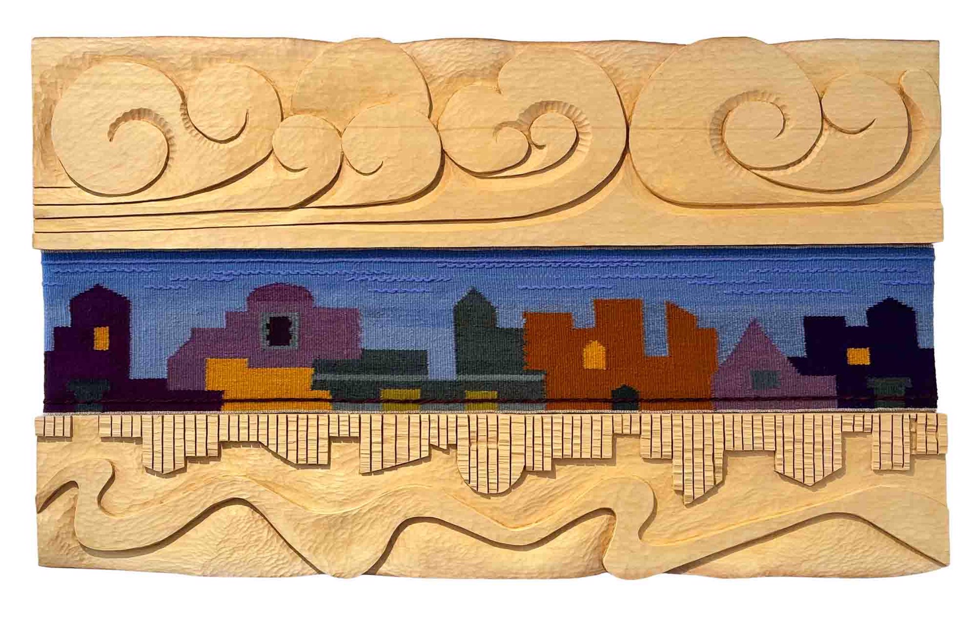 A mixed-media cityscape featuring a woven tapestry skyline framed by carved wood elements.
