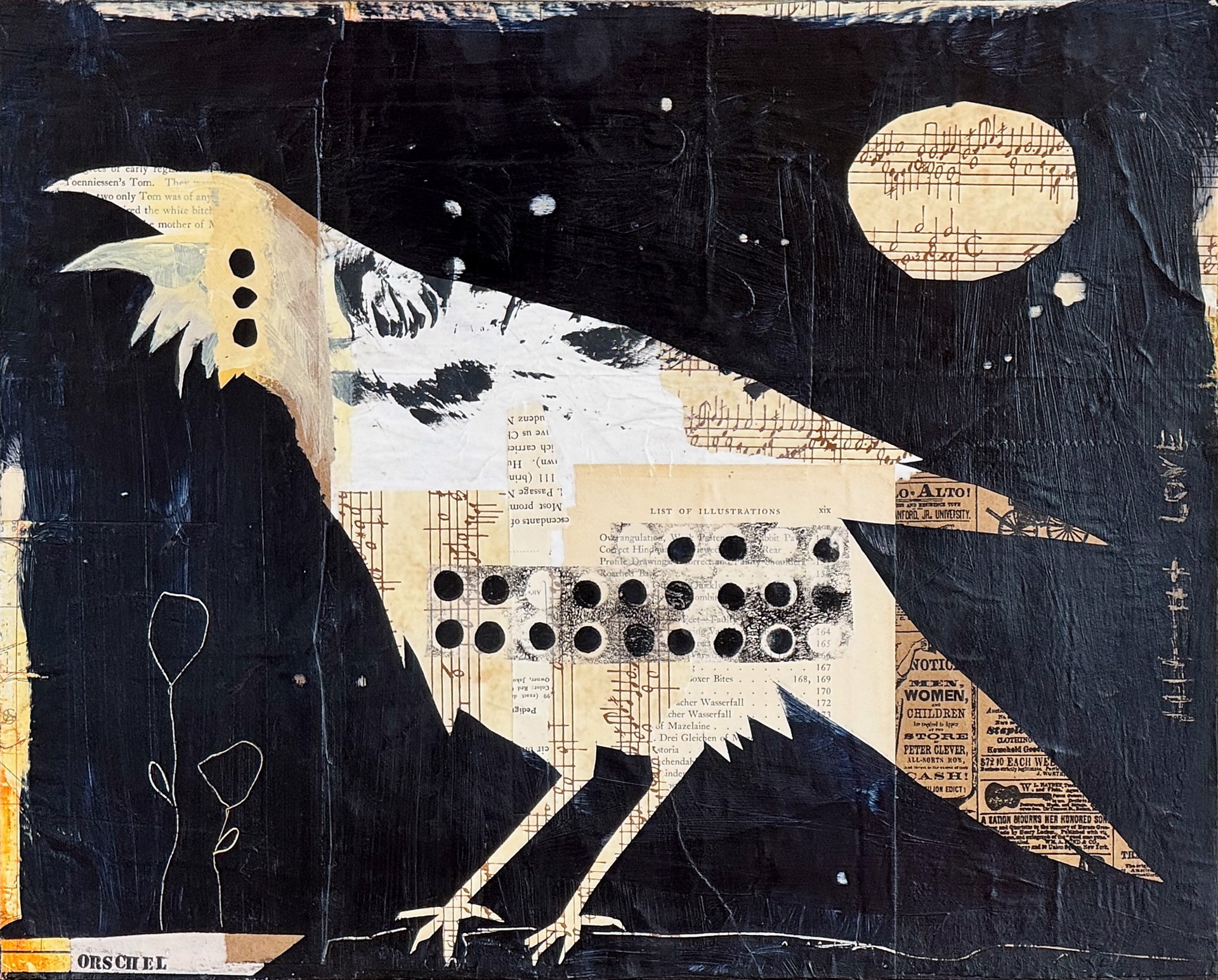 A collage-style artwork featuring a large bird silhouette against a dark background with musical notes and printed text.