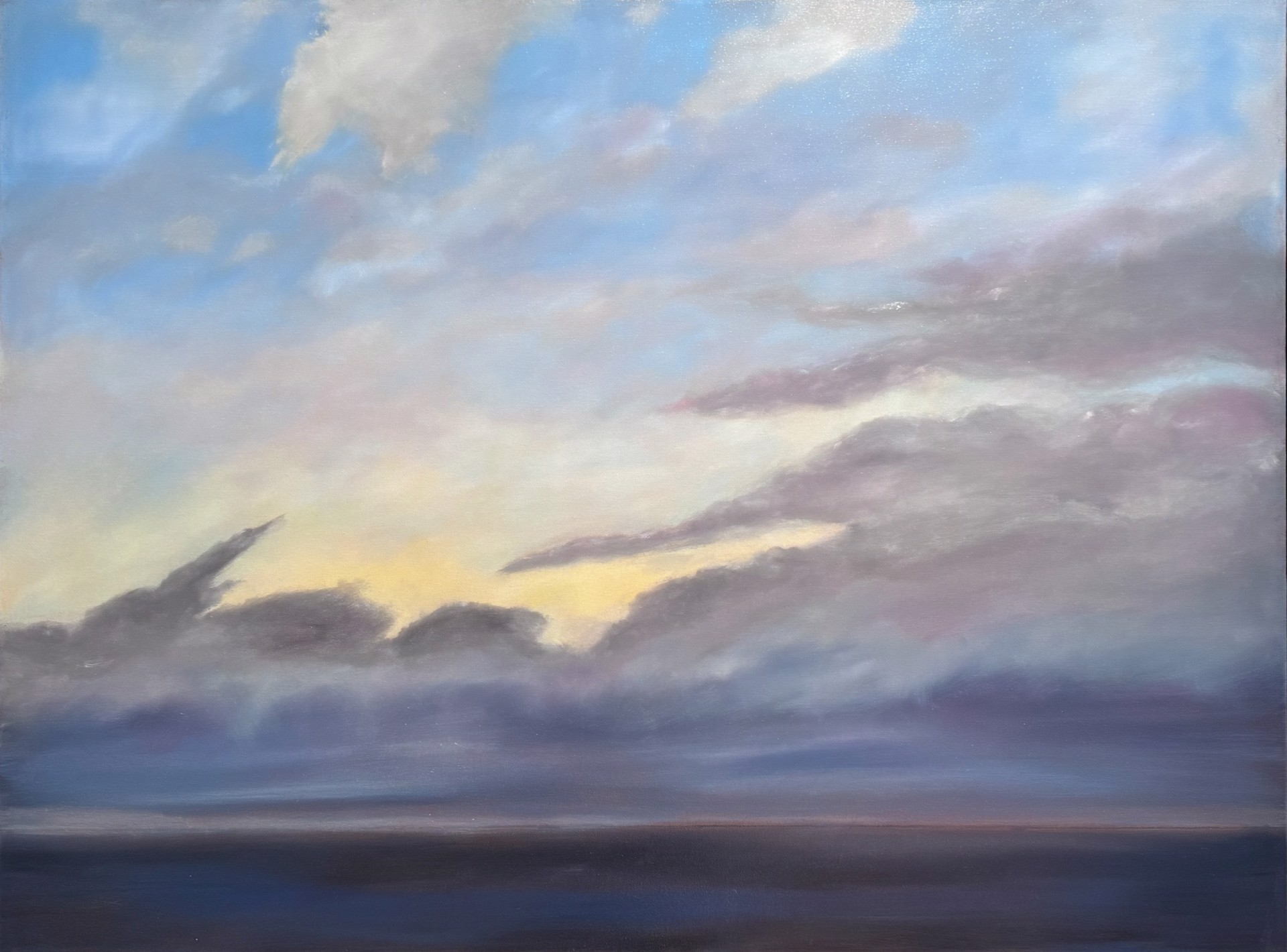 A serene seascape painting featuring a dramatic sky over calm waters.