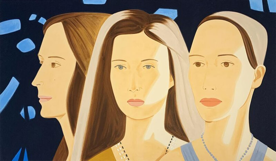 A portrait of three figures with serene expressions against a dark background.