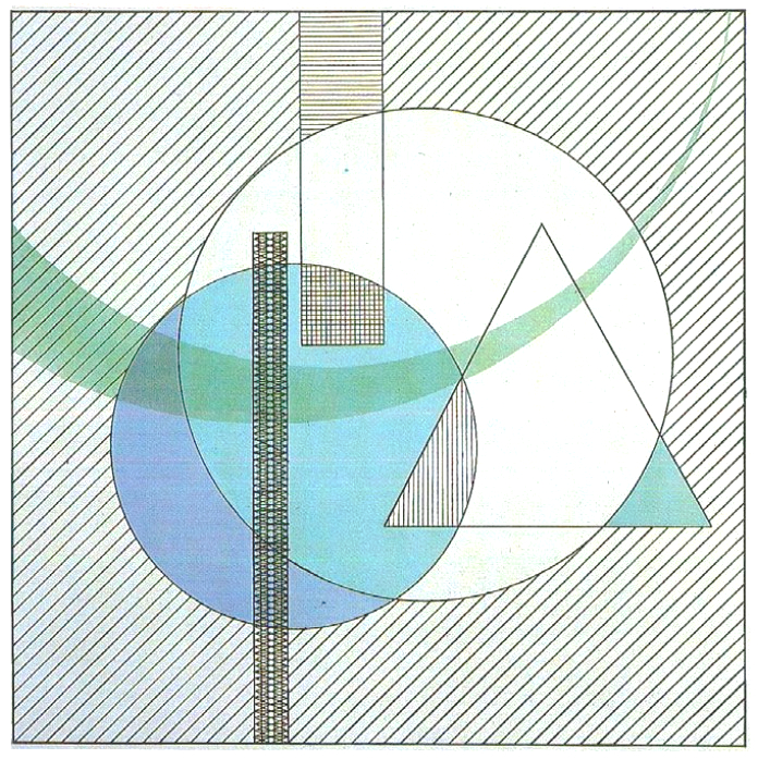 A geometric abstract composition featuring layered circles, triangles, and hatched patterns in blue, green, and white.