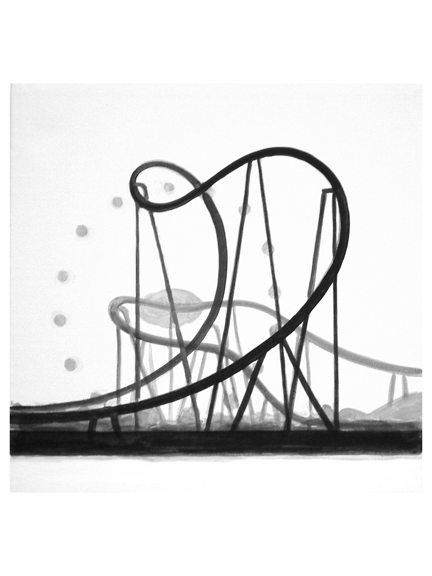 A monochrome sketch of a roller coaster track with abstract support structures and floating circles.