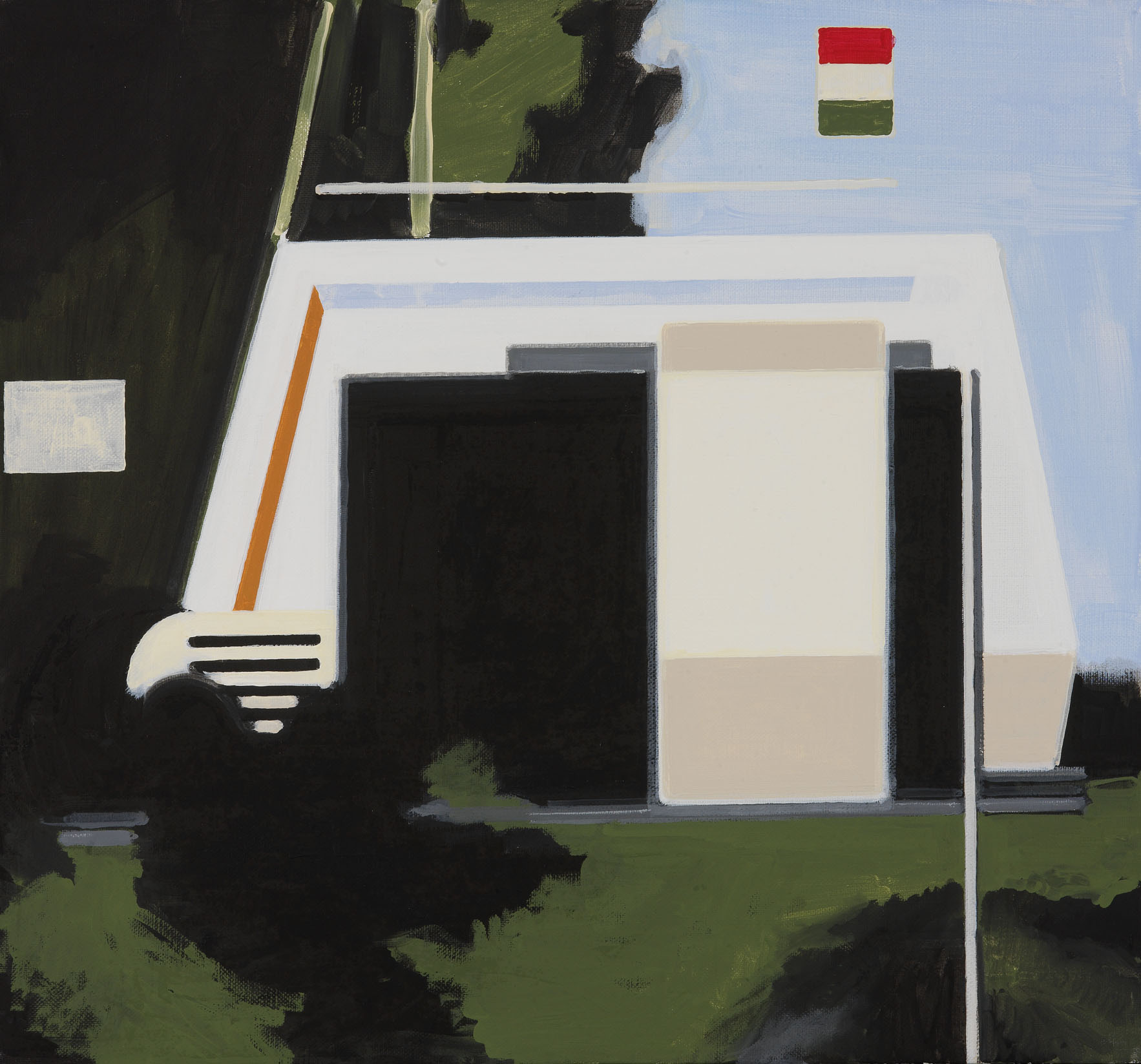 A geometric composition of a white van against a dark, moody landscape.