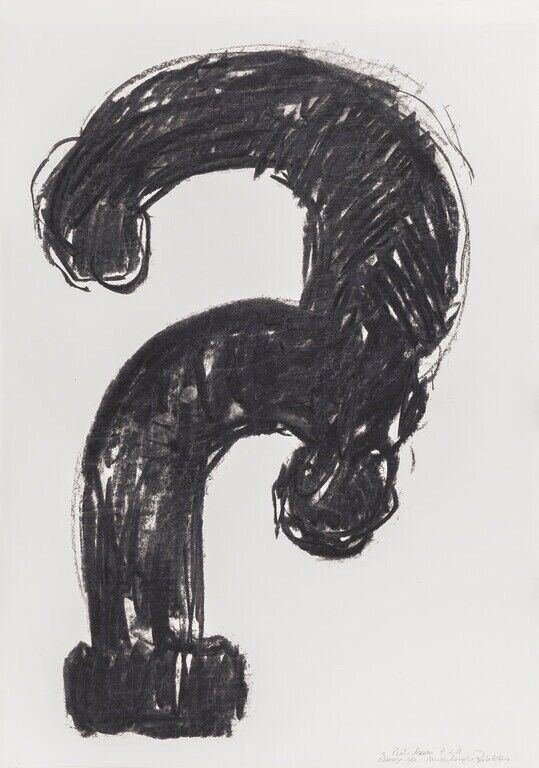 A bold, charcoal question mark dominates the frame.