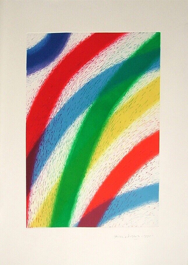A vibrant abstract print featuring bold, diagonal stripes of primary and secondary colors.
