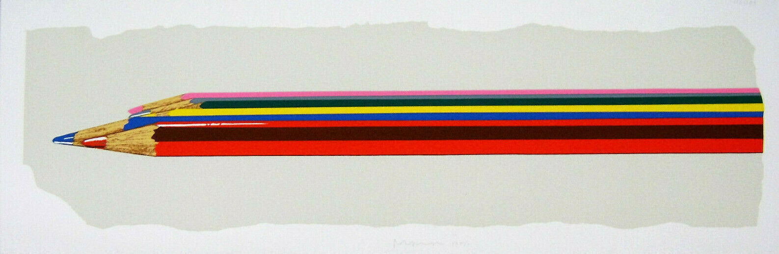 A graphic print of a pencil with its colored layers peeled back to reveal the interior.