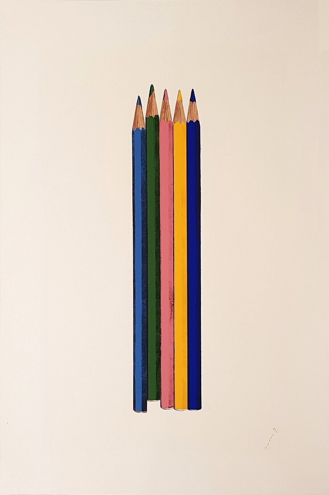 A minimalist print featuring five colored pencils standing vertically against a plain background.