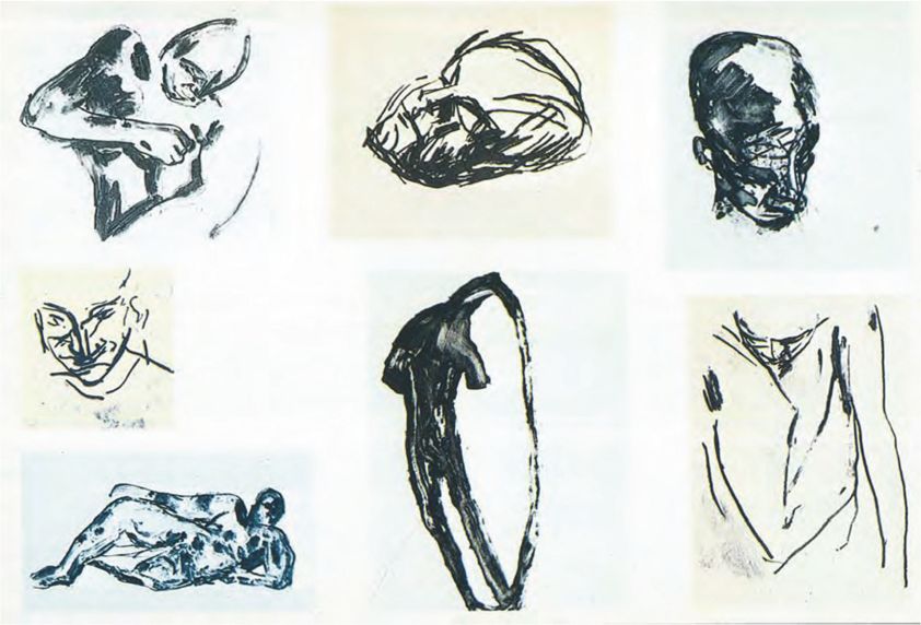 A collection of expressive charcoal and ink sketches depicting various human forms.