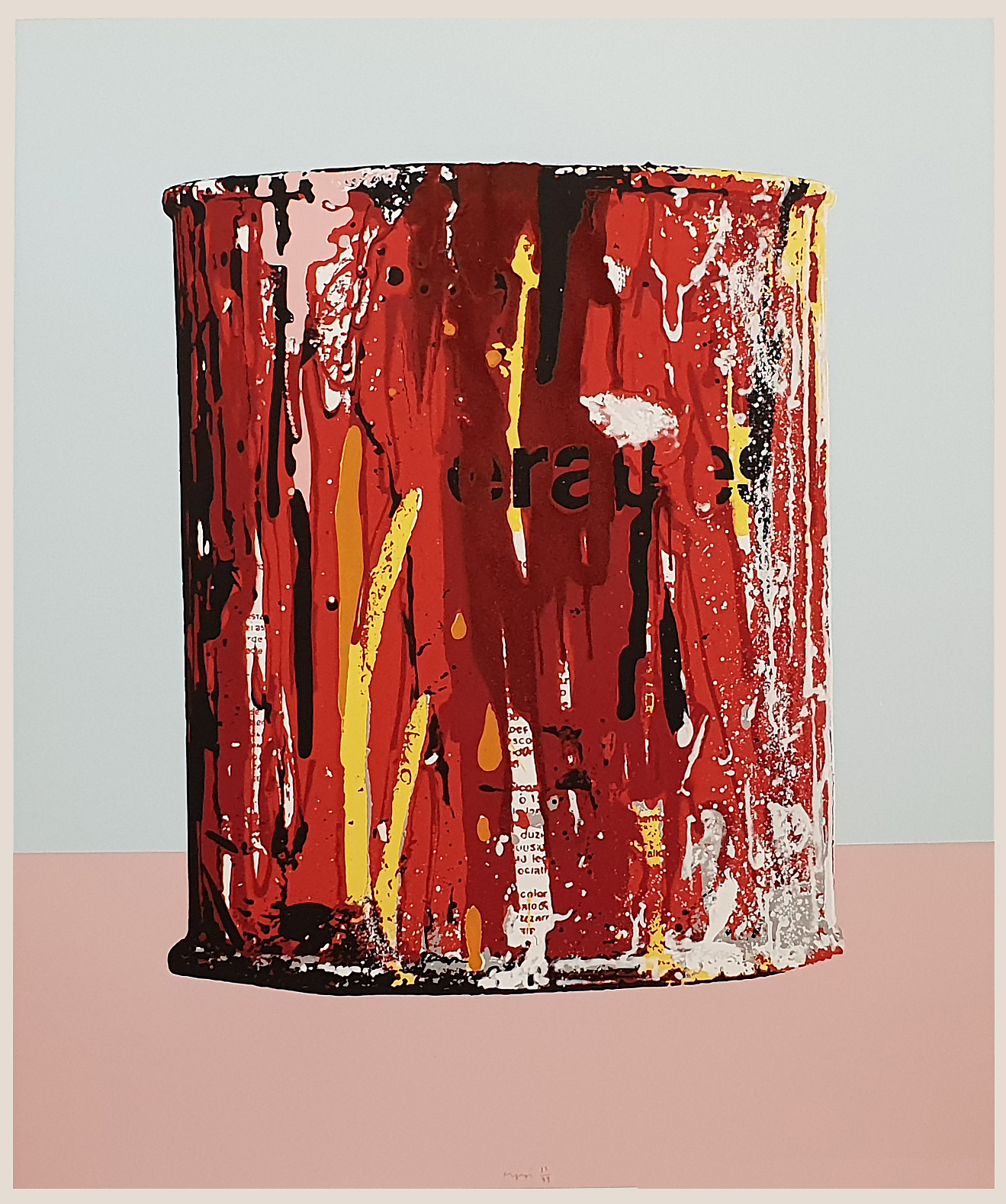 A vividly textured red paint can overflowing with dripping colors against a two-tone background.