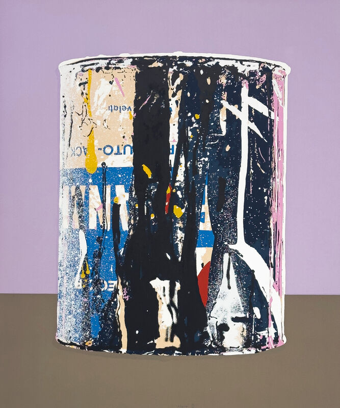 A graphic print of a paint can with dripping black paint and a purple background.