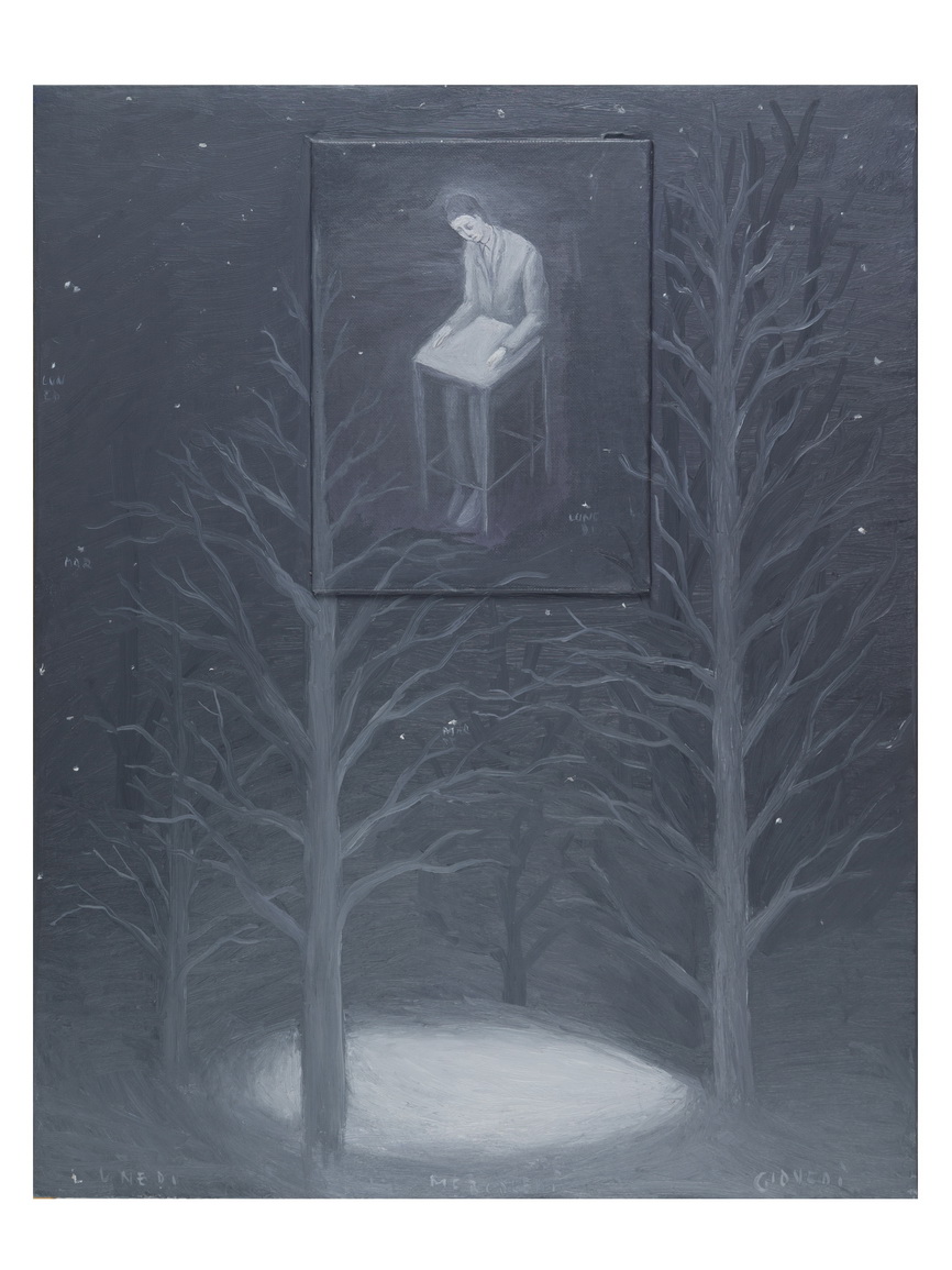 A monochromatic painting of a figure writing at a desk, framed by bare trees against a dark, snowy background.