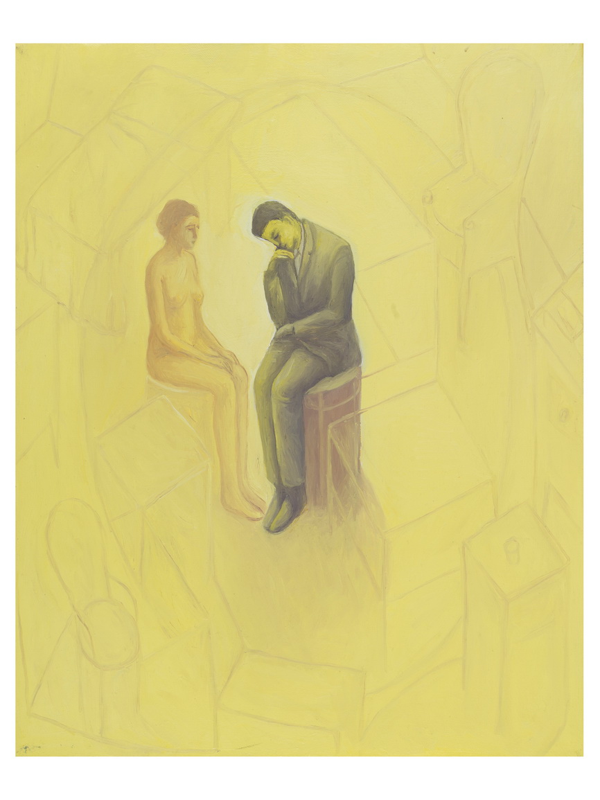 A melancholic scene of a seated figure and a nude figure in a yellow, geometric space.