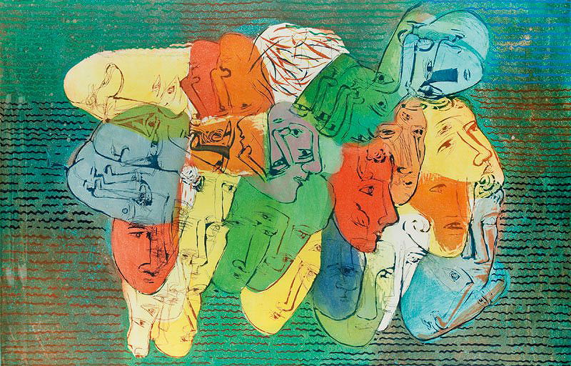 A vibrant, abstract composition of overlapping faces in a colorful, textured landscape.