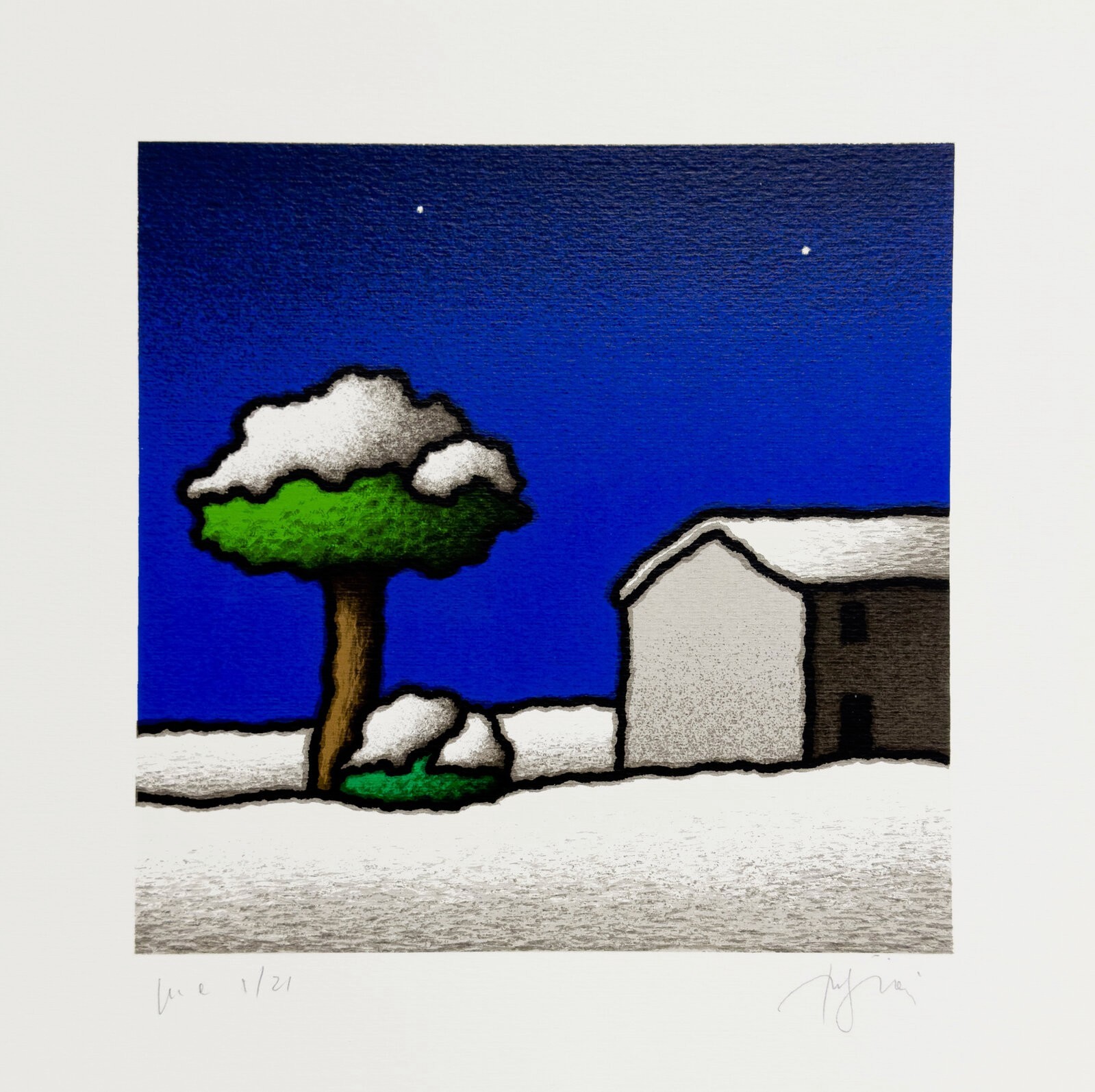 A stylized winter landscape featuring a snow-covered tree and building against a deep blue night sky.
