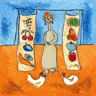 A whimsical illustration of a market scene featuring a central figure flanked by banners of produce and two chickens.
