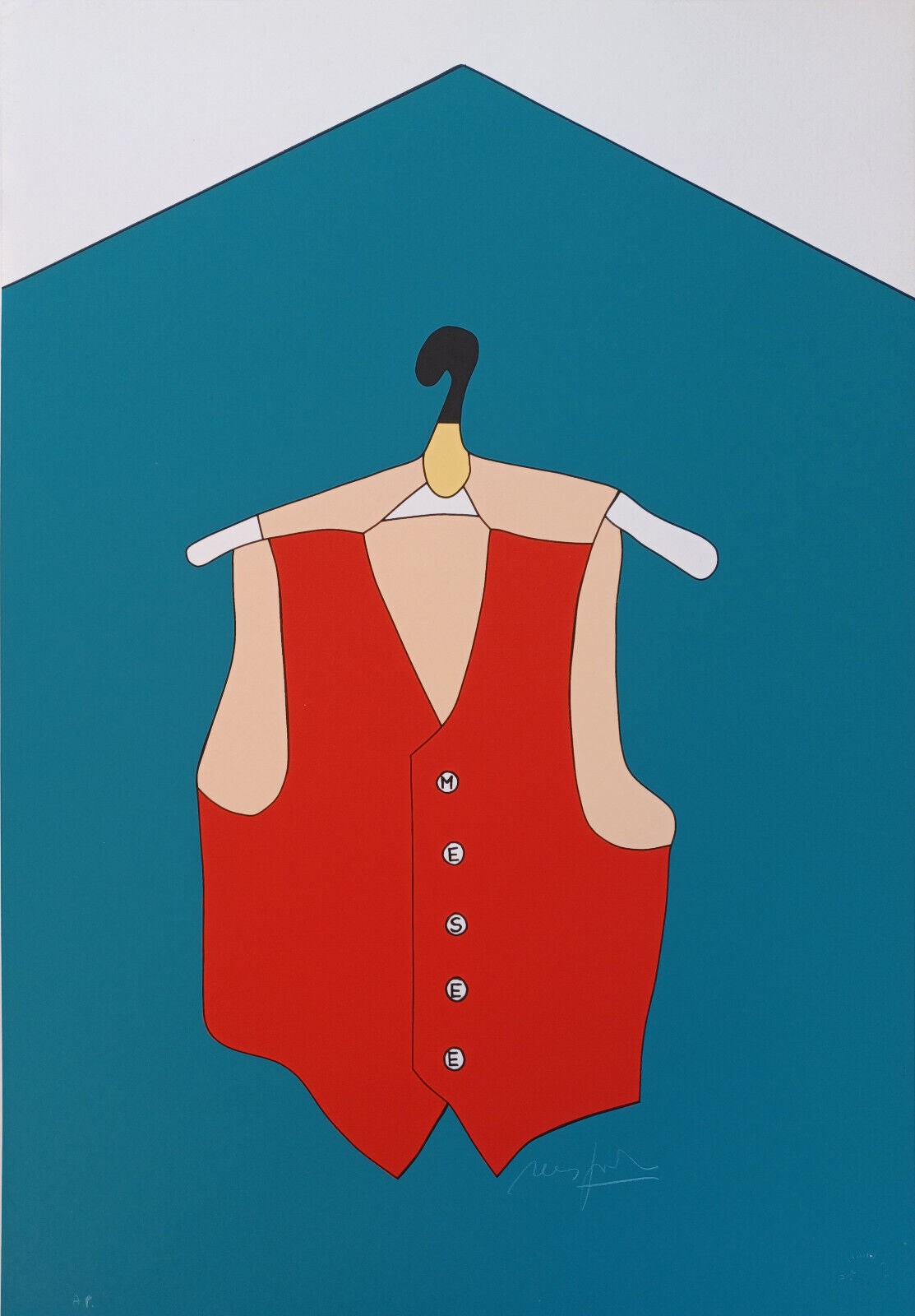 A graphic illustration of a red vest on a hanger against a teal background.