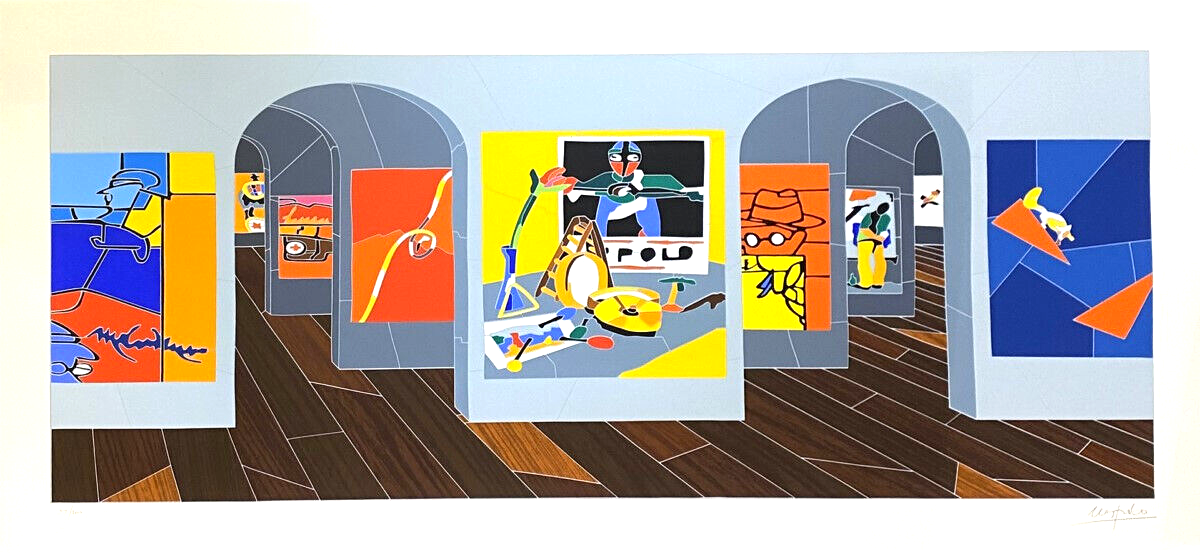 A colorful gallery scene featuring arched doorways and vibrant abstract paintings.