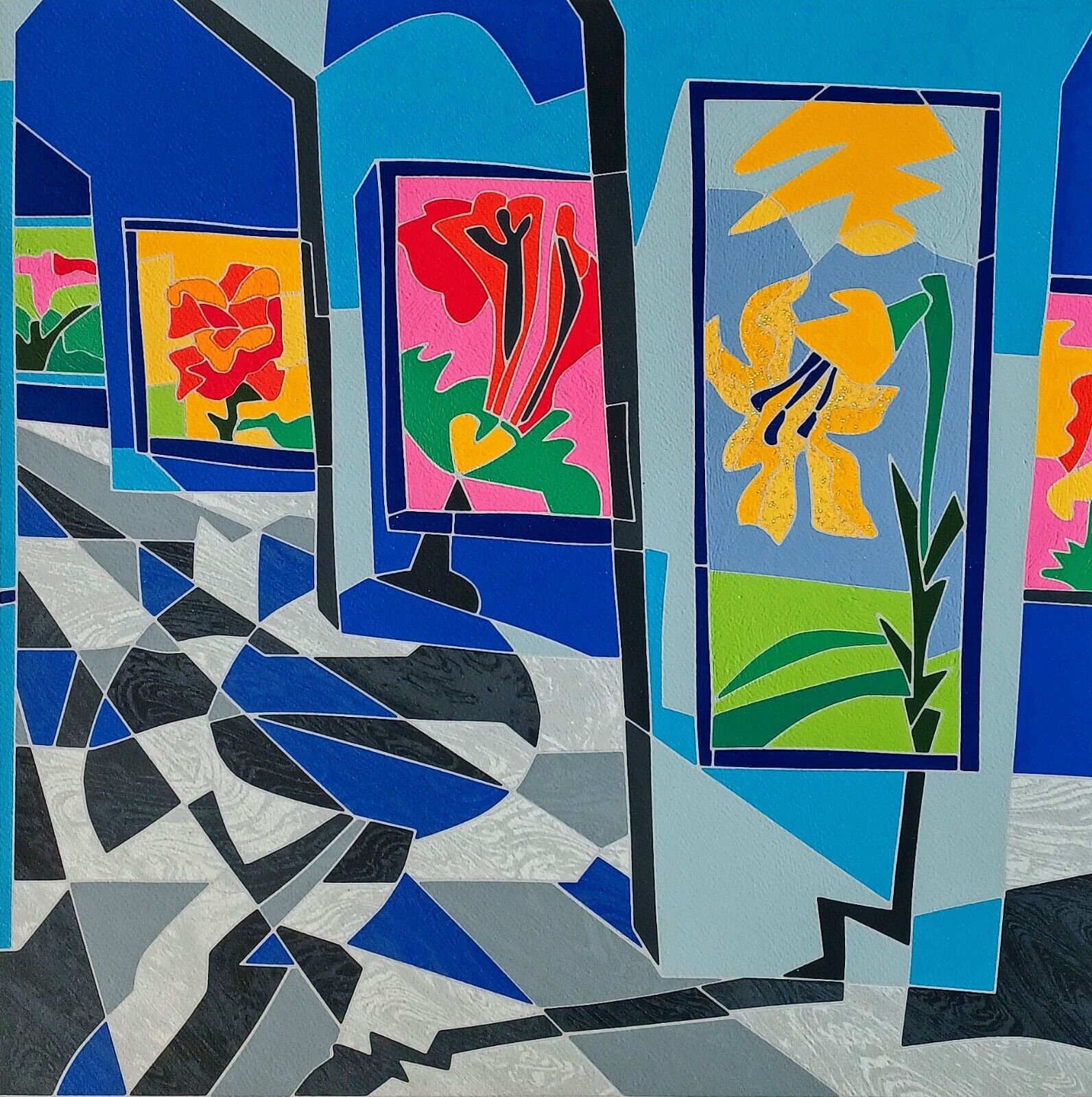 A vibrant geometric composition featuring framed floral paintings displayed on a mosaic-style wall.