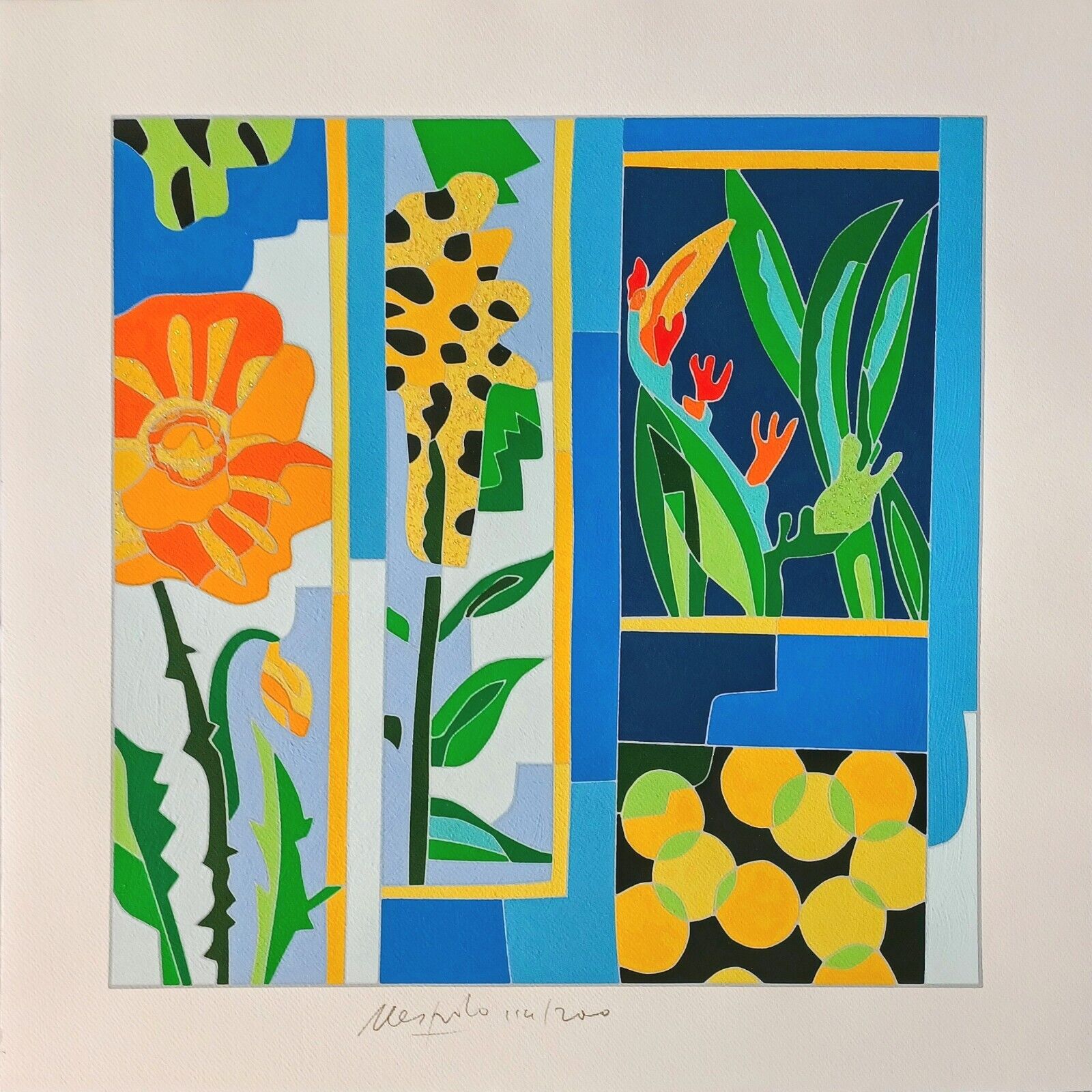 A vibrant, geometric floral composition featuring stylized flowers and fruit in bold colors.