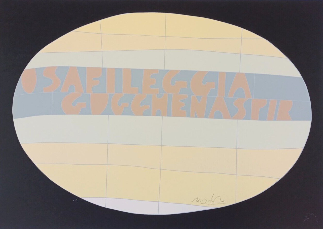 A graphic print featuring a large oval shape filled with grid lines and stylized text.