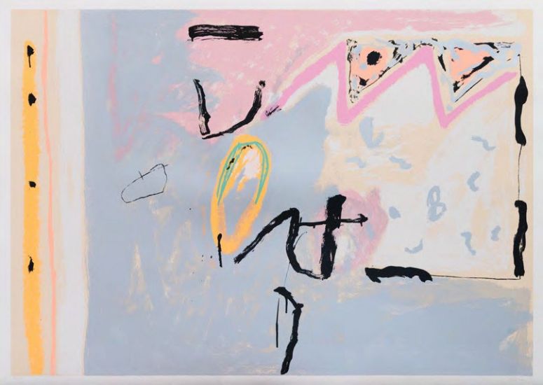 An abstract composition featuring a light blue background with bold black lines, pink and yellow shapes, and a textured right side.