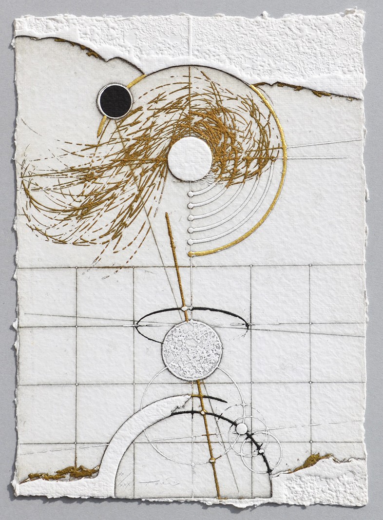 A mixed-media collage featuring a stylized face with golden threadwork and geometric grid lines.