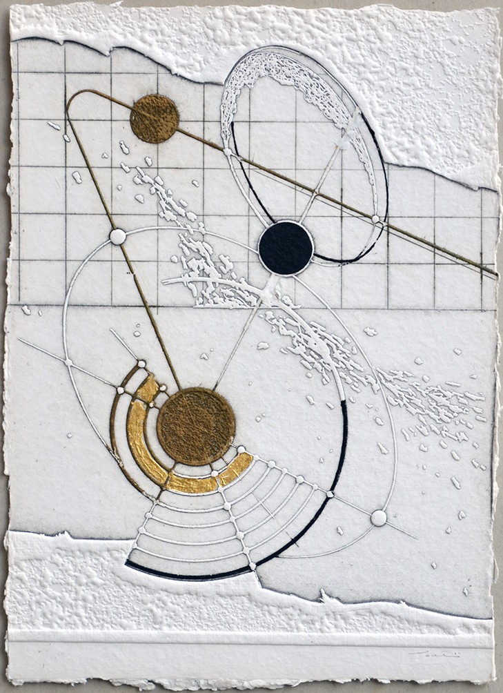 A textured abstract composition featuring celestial bodies and geometric lines on a grid background.