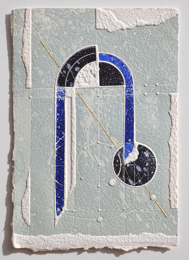 A textured mixed-media artwork featuring a stylized letter 'N' in deep blue against a pale, mottled background.