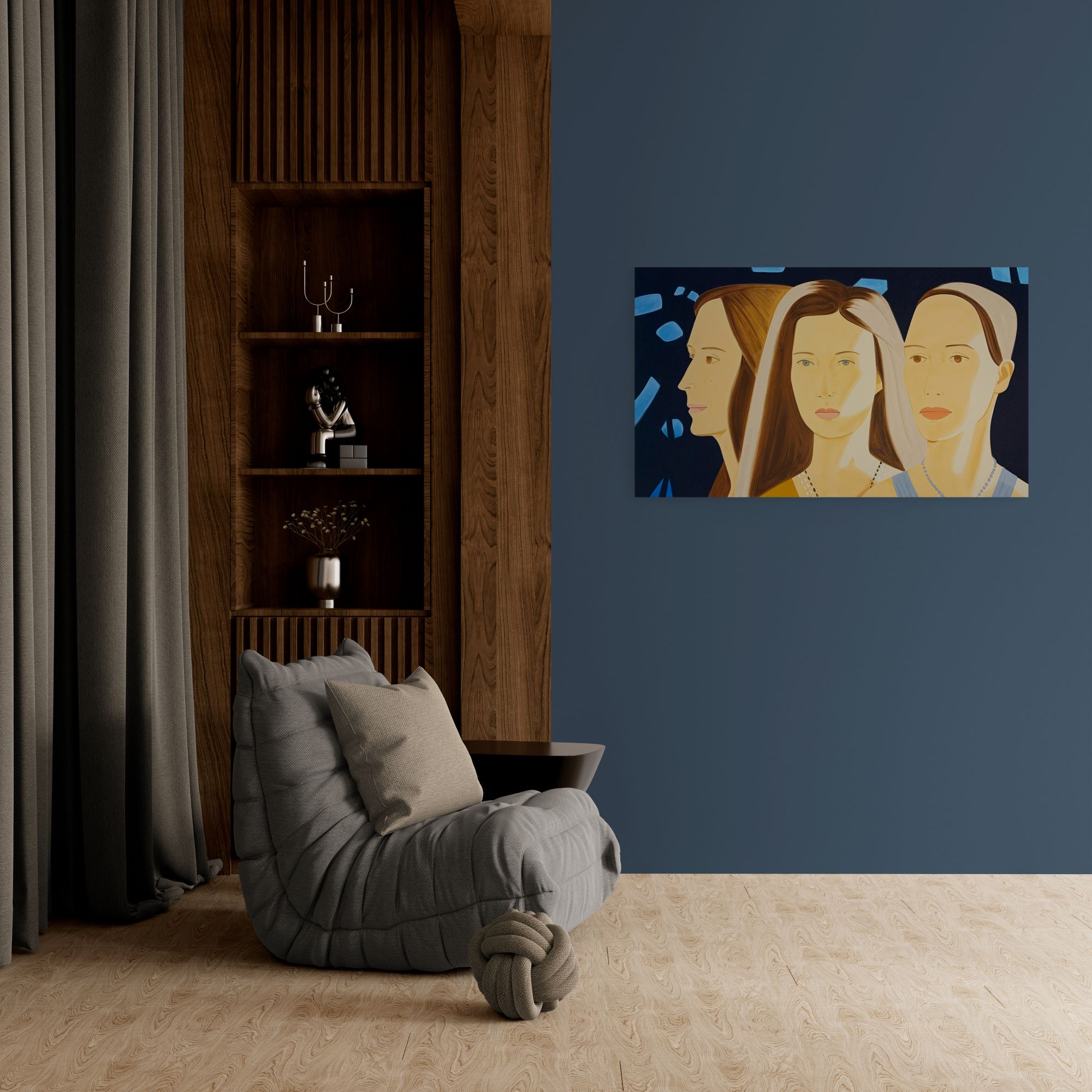 A portrait of three figures with serene expressions against a dark background.