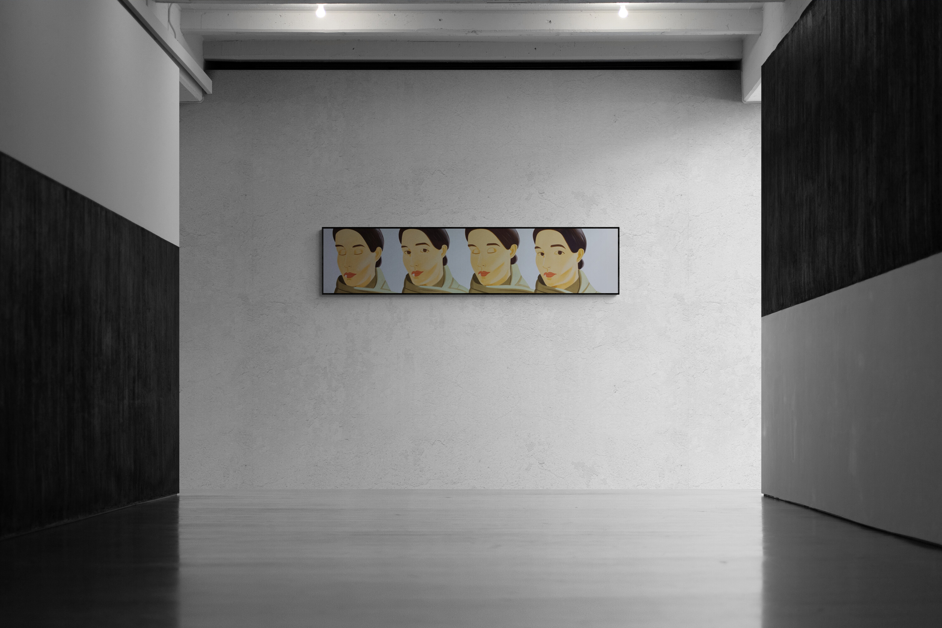 A horizontal composition of four identical faces with varying eye states, rendered in a soft, painterly style.